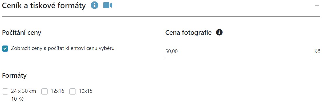 Nastavení zobrazení a počítání ceny výběru v nastavení alba