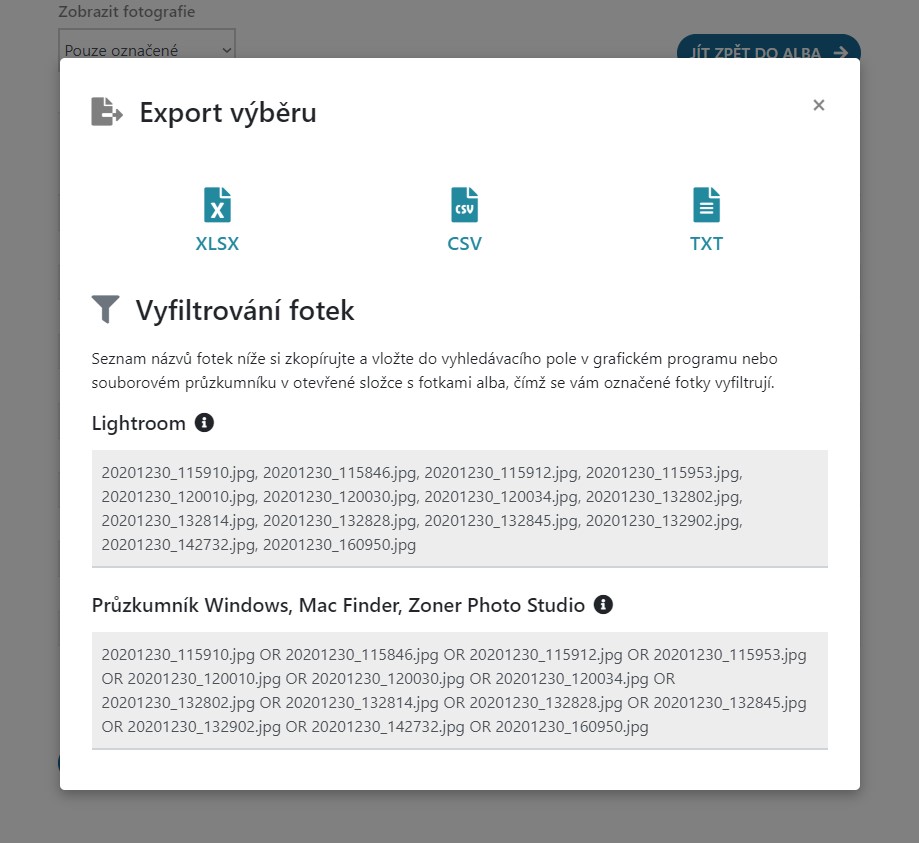 Nové okno pro export výběru