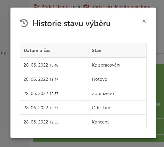 Zobrazení historie stavu výběru
