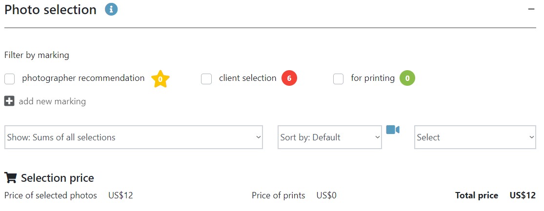 Display of the price of the client's selection